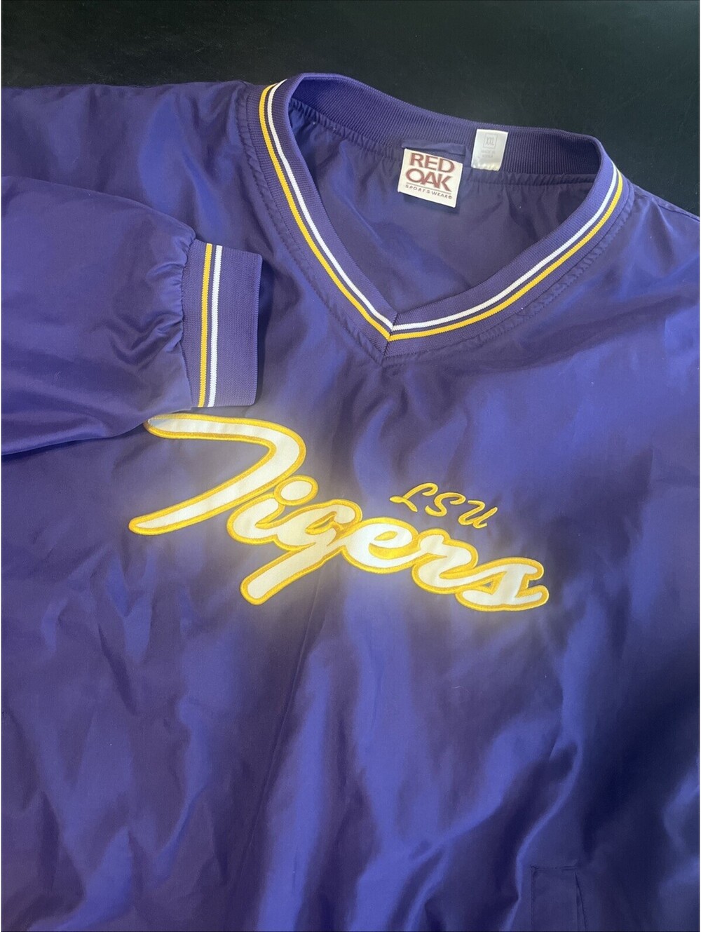 Vintage 90s LSU Tigers V-Neck Windbreaker Pullover Red Oak 2XL Purple Logo Warm